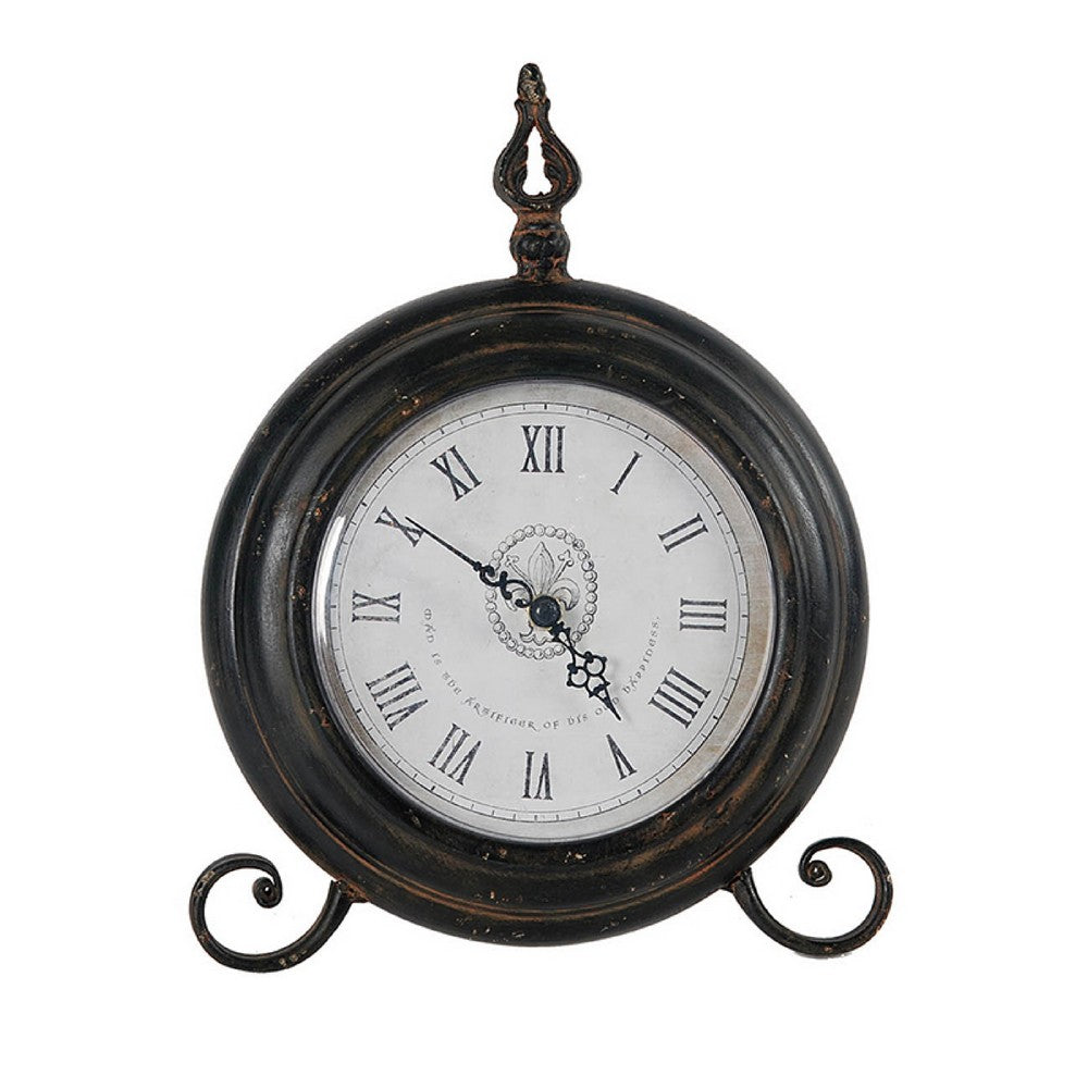 Table Clock, Roman Numerals, Round Glass Face, Aged Brown Metal, 12 Inch - BM350237