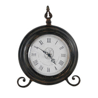 Table Clock, Roman Numerals, Round Glass Face, Aged Brown Metal, 12 Inch - BM350237