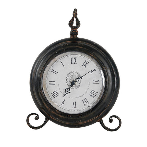 Table Clock, Roman Numerals, Round Glass Face, Aged Brown Metal, 12 Inch - BM350237