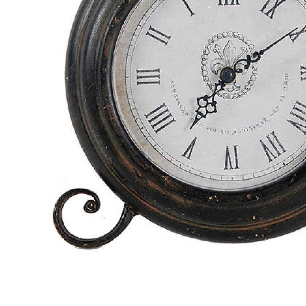 Table Clock, Roman Numerals, Round Glass Face, Aged Brown Metal, 12 Inch - BM350237
