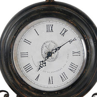Table Clock, Roman Numerals, Round Glass Face, Aged Brown Metal, 12 Inch - BM350237