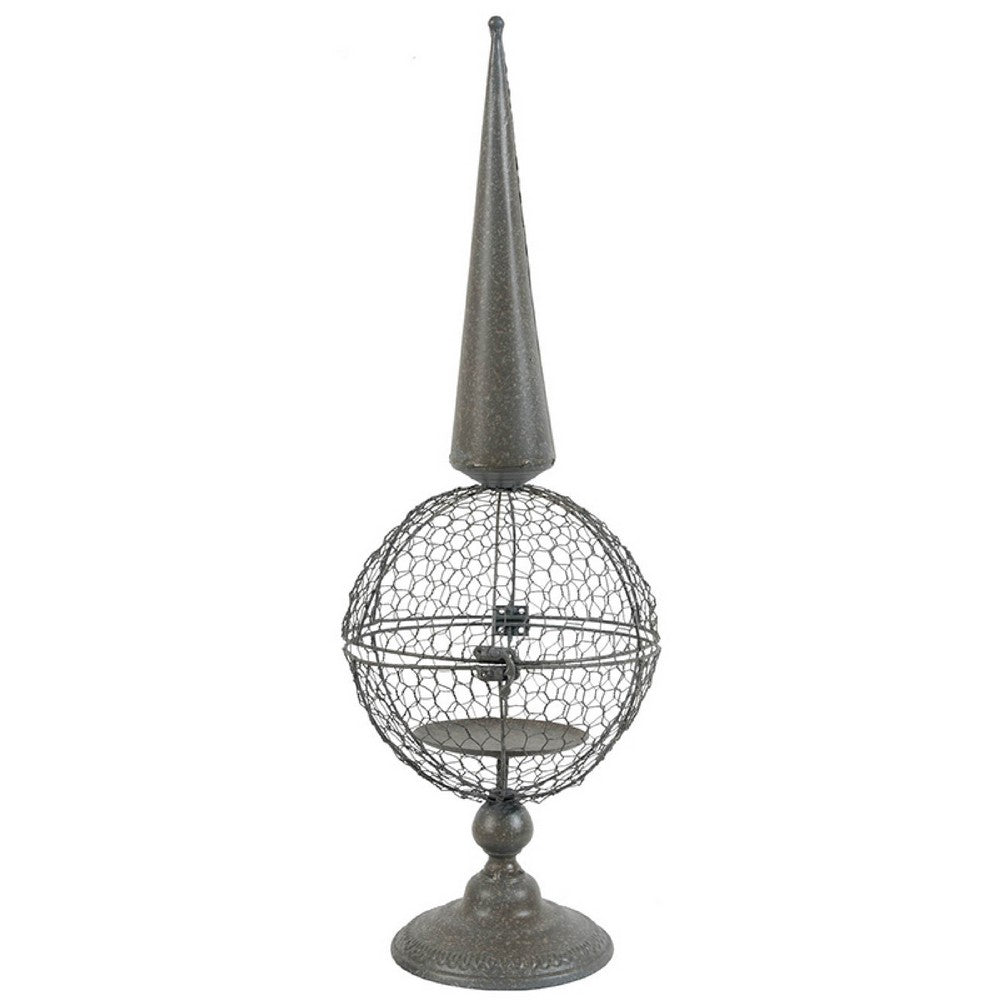 Candle Holder, Pointed Cone Finial on Wired Orb, Gray Metal 26 Inch - BM350238