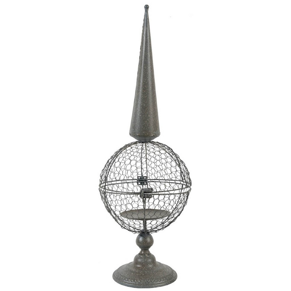 Candle Holder, Pointed Cone Finial on Wired Orb, Gray Metal 26 Inch - BM350238