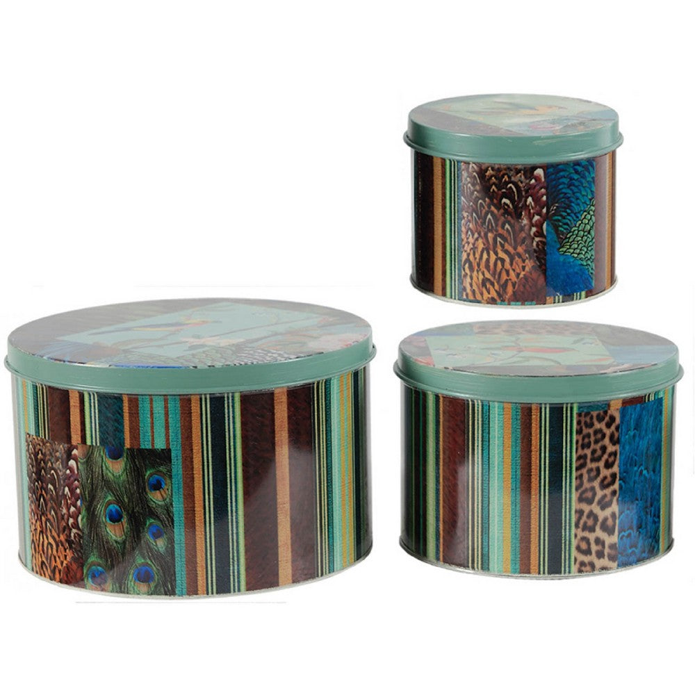 Yuva Decorative Box Set of 3, Animal Motifs and Stripes, Green Metal Tin - BM350239