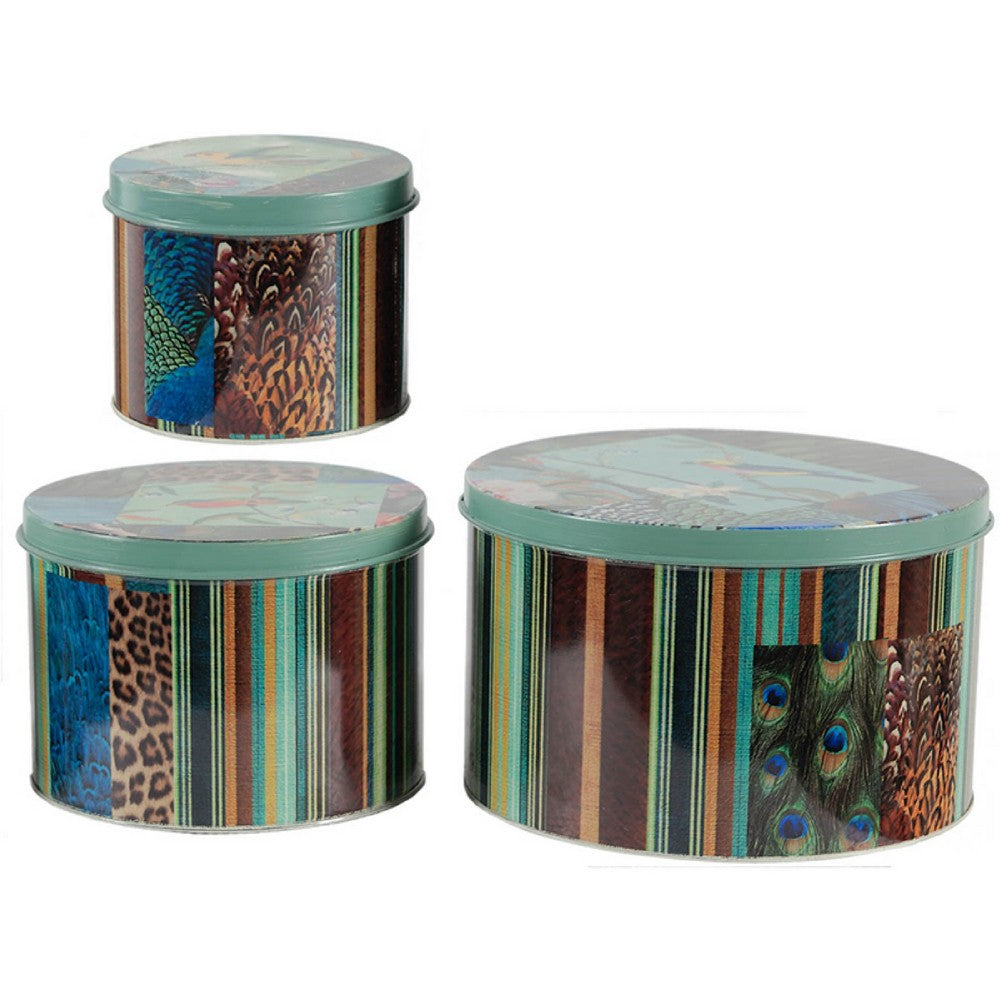 Yuva Decorative Box Set of 3, Animal Motifs and Stripes, Green Metal Tin - BM350239