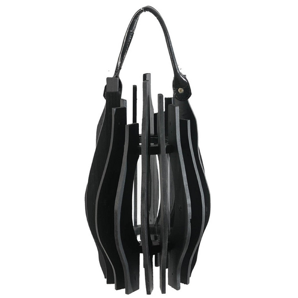 Decorative Lantern, Sculptural Shape and Leather Handle, Black Wood 16 Inch - BM350241