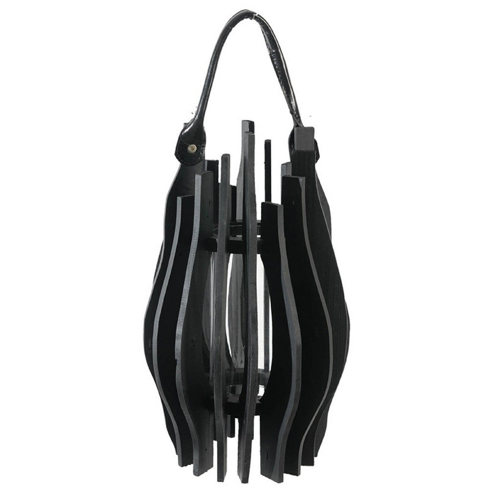 Decorative Lantern, Sculptural Shape and Leather Handle, Black Wood 16 Inch - BM350241