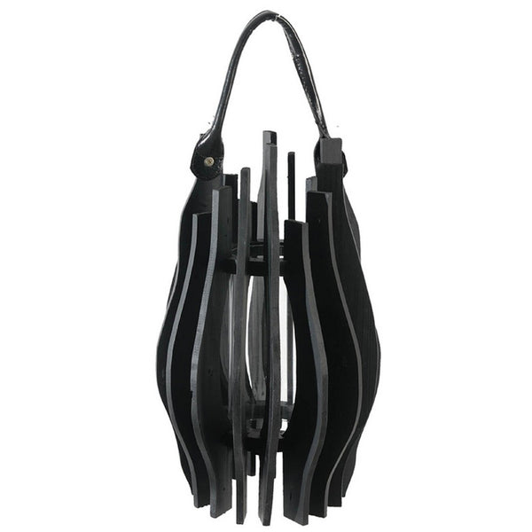 Decorative Lantern, Sculptural Shape and Leather Handle, Black Wood 16 Inch - BM350241