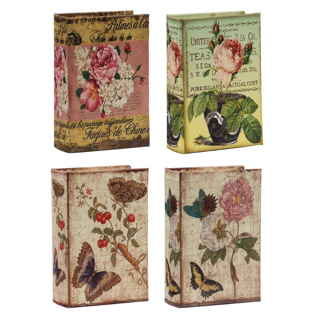 Meer Faux Book Storage Box Set of 4, Vintage Flowers Butterflies, Pink Silk - BM350242