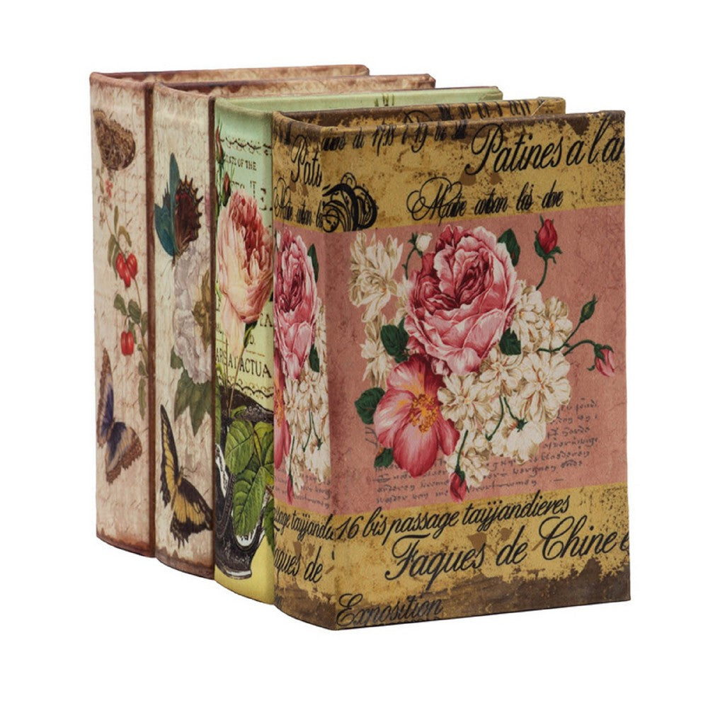 Meer Faux Book Storage Box Set of 4, Vintage Flowers Butterflies, Pink Silk - BM350242
