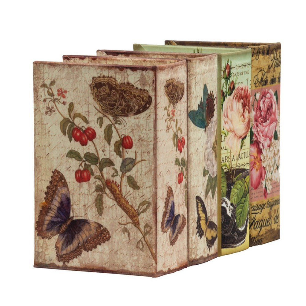 Meer Faux Book Storage Box Set of 4, Vintage Flowers Butterflies, Pink Silk - BM350242