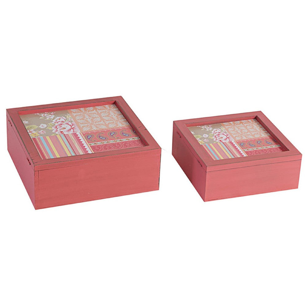 Decorative Storage Box Set of 2, Clear Top Square Pink Finish, Iron Hardware - BM350244