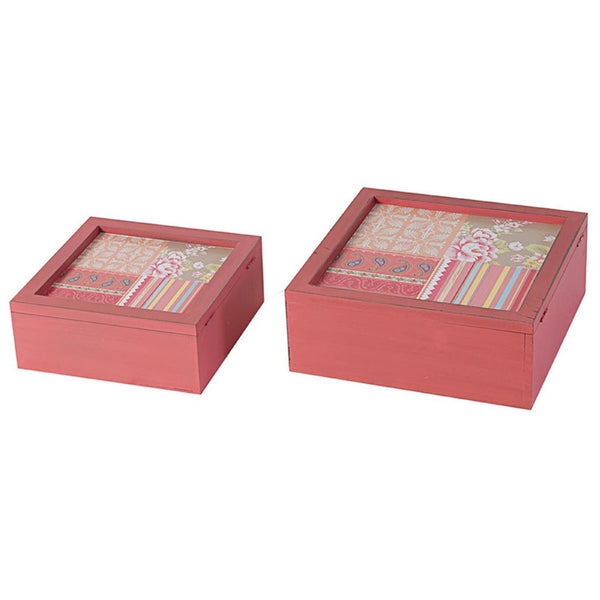 Decorative Storage Box Set of 2, Clear Top Square Pink Finish, Iron Hardware - BM350244