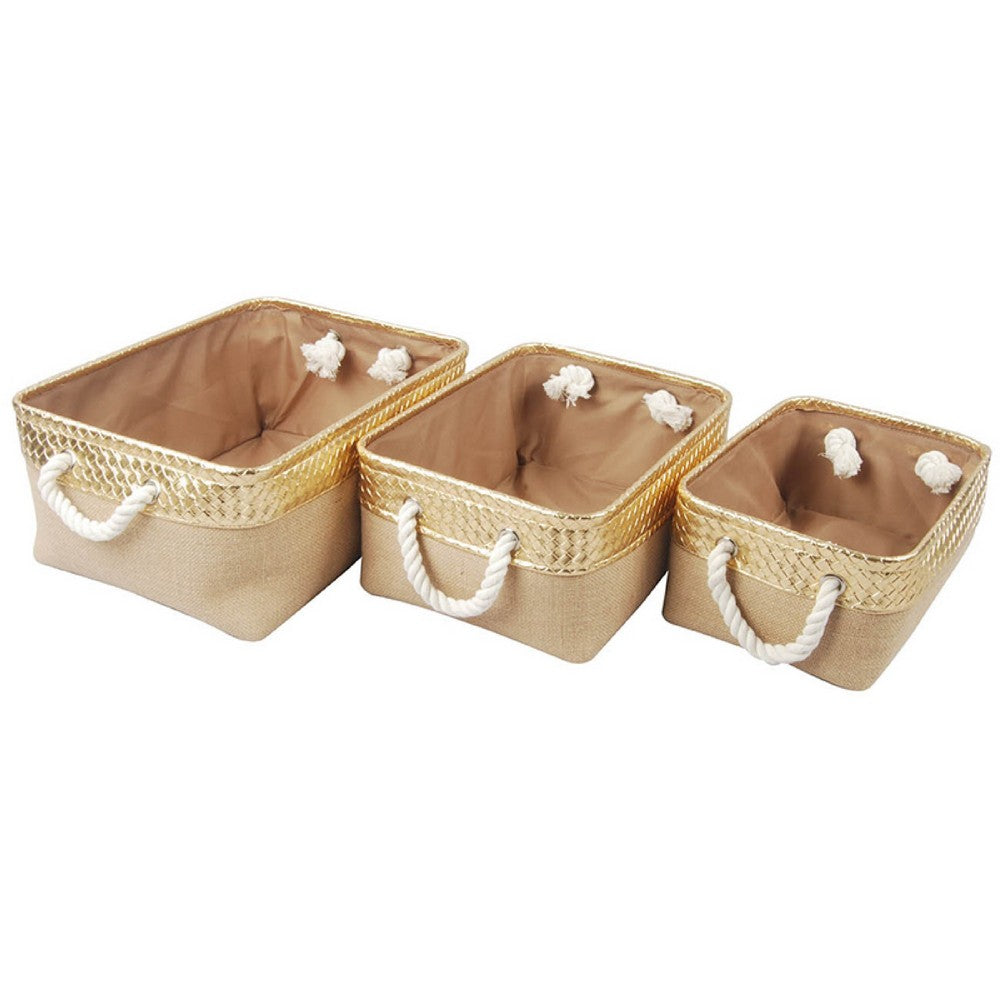 Nesting Basket Set of 3, Rope Handles, Gold Accents, Brown Jute Fabric - BM350245
