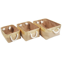 Nesting Basket Set of 3, Rope Handles, Gold Accents, Brown Jute Fabric - BM350245