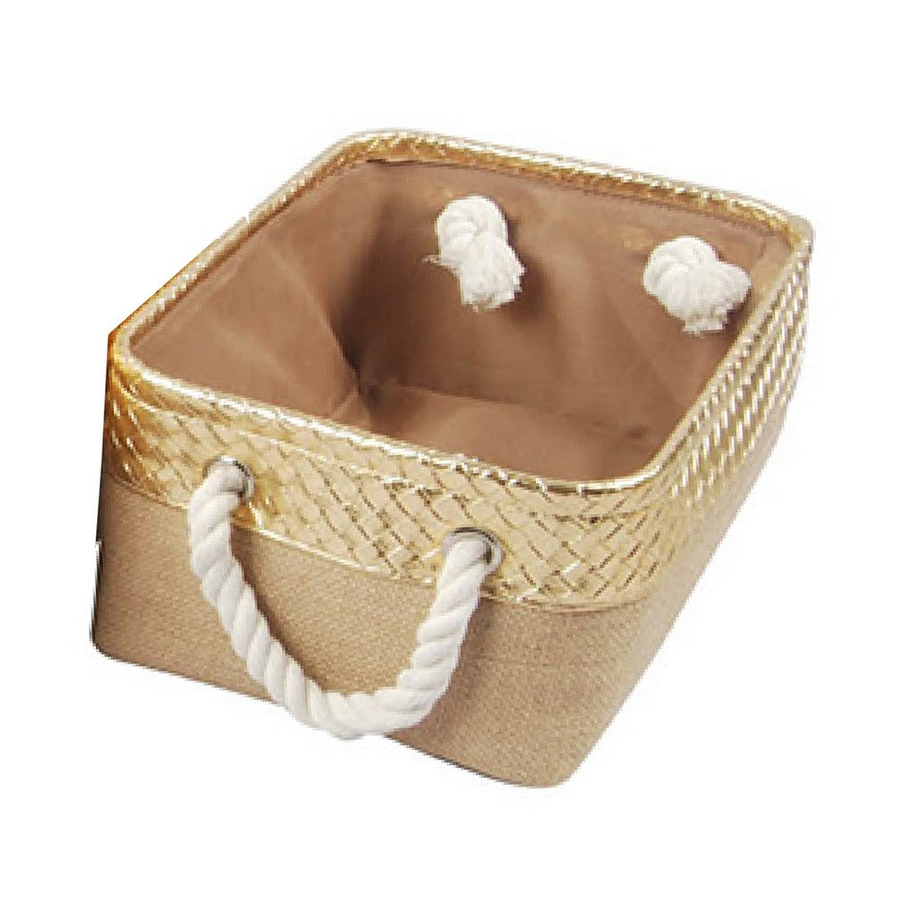 Nesting Basket Set of 3, Rope Handles, Gold Accents, Brown Jute Fabric - BM350245