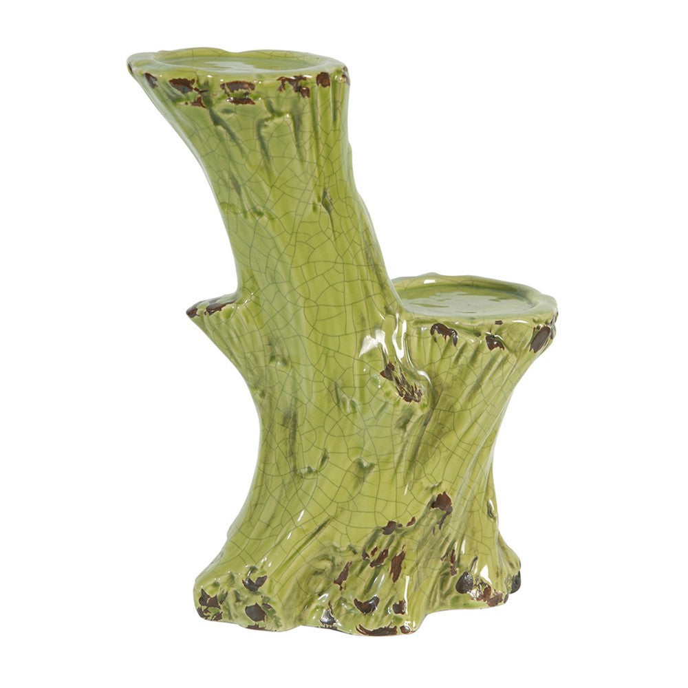 Vintage Candle Holder, Tree Trunk Design Green Glazed Stoneware 11 Inch - BM350250