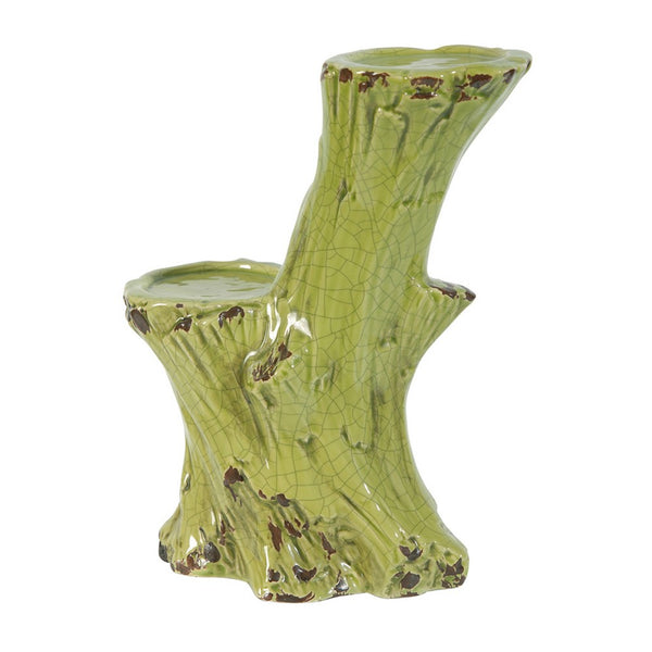 Vintage Candle Holder, Tree Trunk Design Green Glazed Stoneware 11 Inch - BM350250