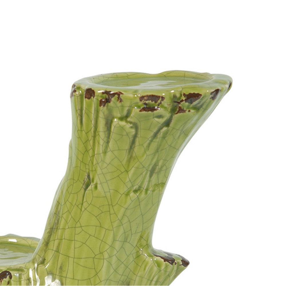 Vintage Candle Holder, Tree Trunk Design Green Glazed Stoneware 11 Inch - BM350250