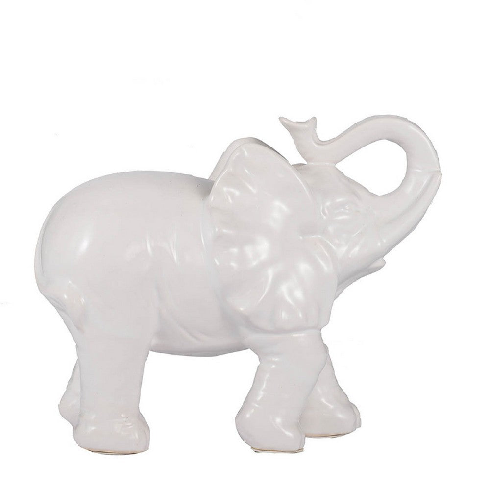 Decorative Figurine, 9 Inch Trumpeting Elephant, Glazed White Dolomite - BM350251