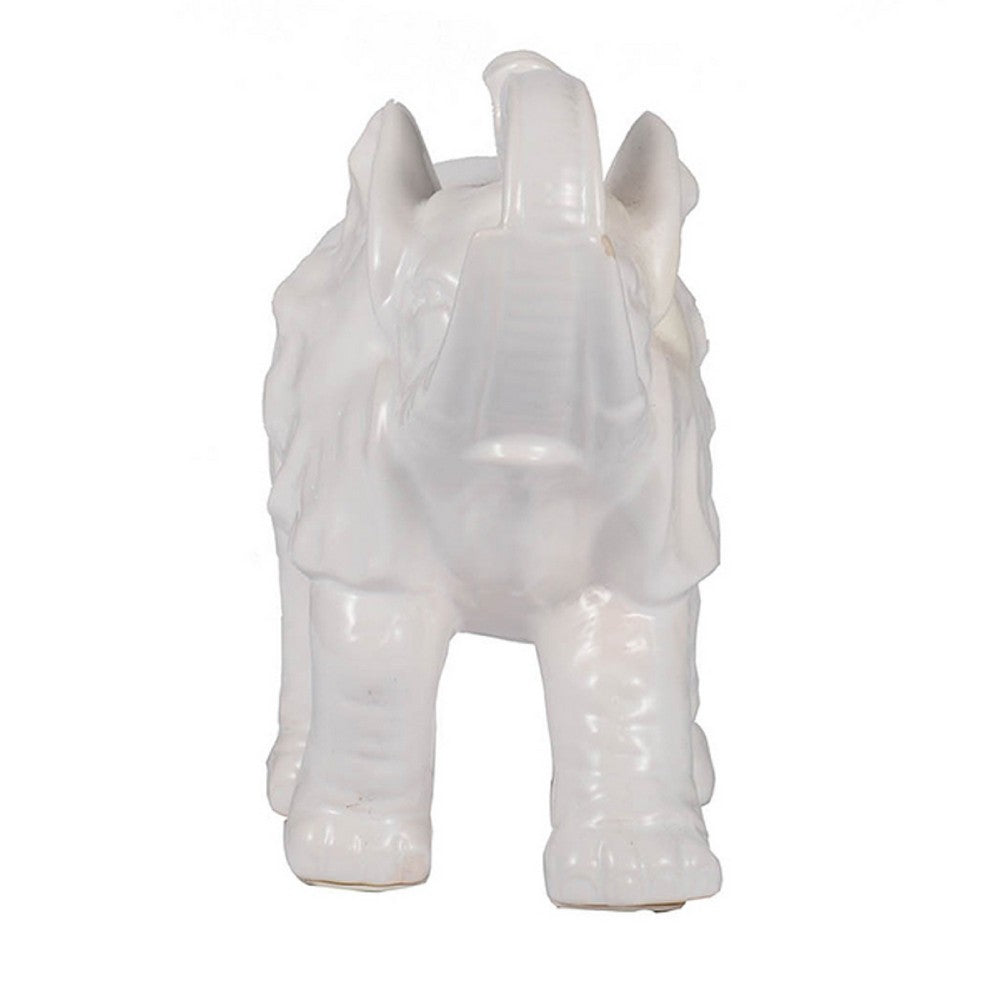 Decorative Figurine, 9 Inch Trumpeting Elephant, Glazed White Dolomite - BM350251