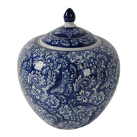 Ginger Jar with Finial, Persian Floral Print, White Blue Porcelain, 10 Inch - BM350252