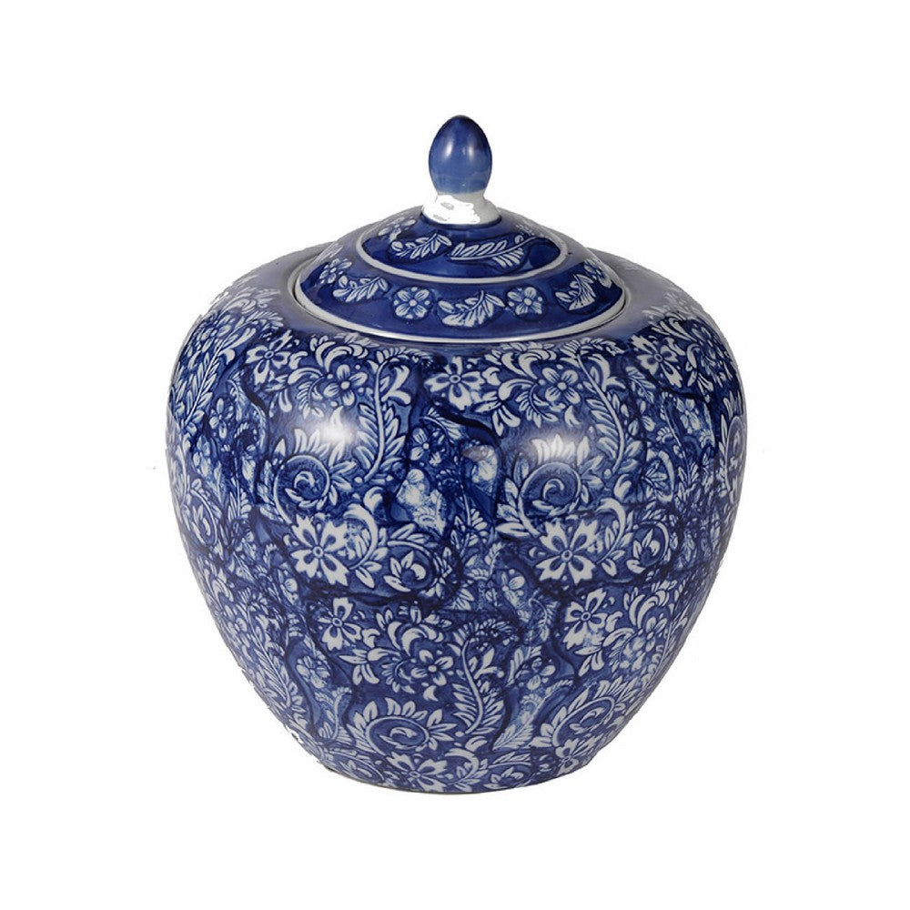 Ginger Jar with Finial, Persian Floral Print, White Blue Porcelain, 10 Inch - BM350252