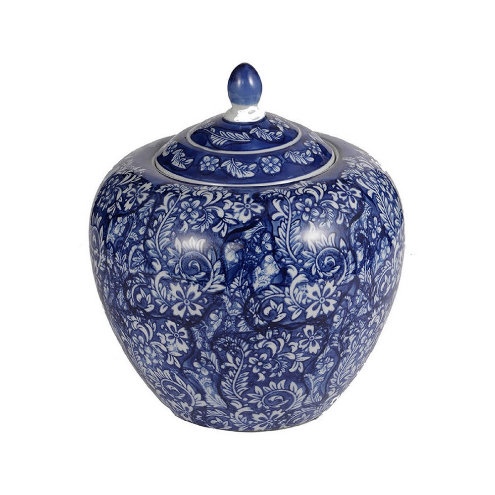 Ginger Jar with Finial, Persian Floral Print, White Blue Porcelain, 10 Inch - BM350252