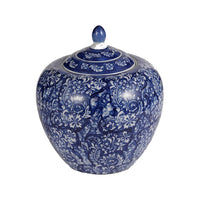 Ginger Jar with Finial, Persian Floral Print, White Blue Porcelain, 10 Inch - BM350252
