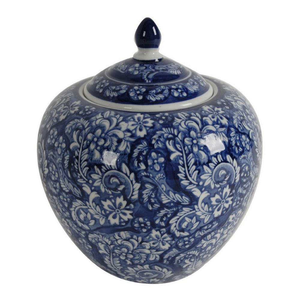 Ginger Jar with Finial, Persian Floral Print, White Blue Porcelain, 10 Inch - BM350252