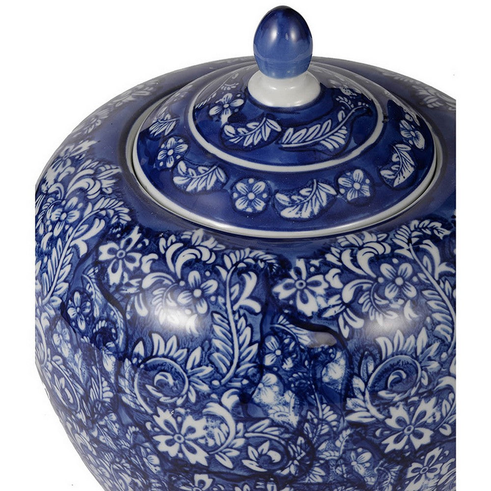 Ginger Jar with Finial, Persian Floral Print, White Blue Porcelain, 10 Inch - BM350252