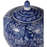 Ginger Jar with Finial, Persian Floral Print, White Blue Porcelain, 10 Inch - BM350252