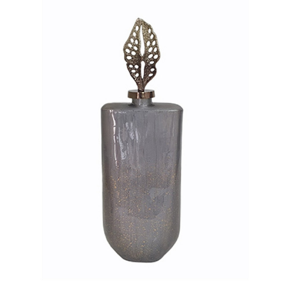 Decorative Bottle with Sculpted Gold Leaf Lid, 23 Inch Gray Glass - BM350255