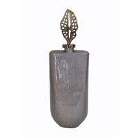 Decorative Bottle with Sculpted Gold Leaf Lid, 23 Inch Gray Glass - BM350255