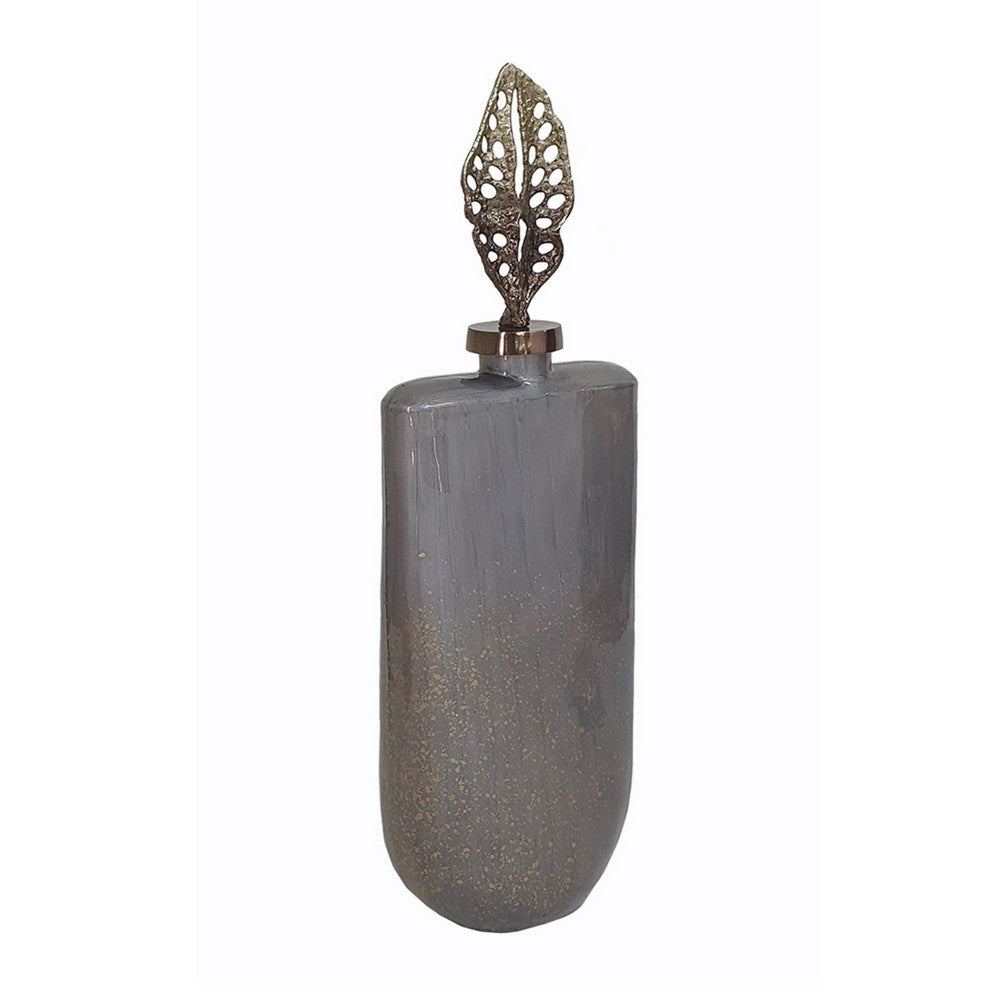 Decorative Bottle with Sculpted Gold Leaf Lid, 23 Inch Gray Glass - BM350255