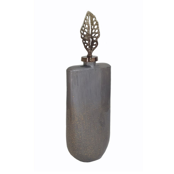 Decorative Bottle with Sculpted Gold Leaf Lid, 23 Inch Gray Glass - BM350255