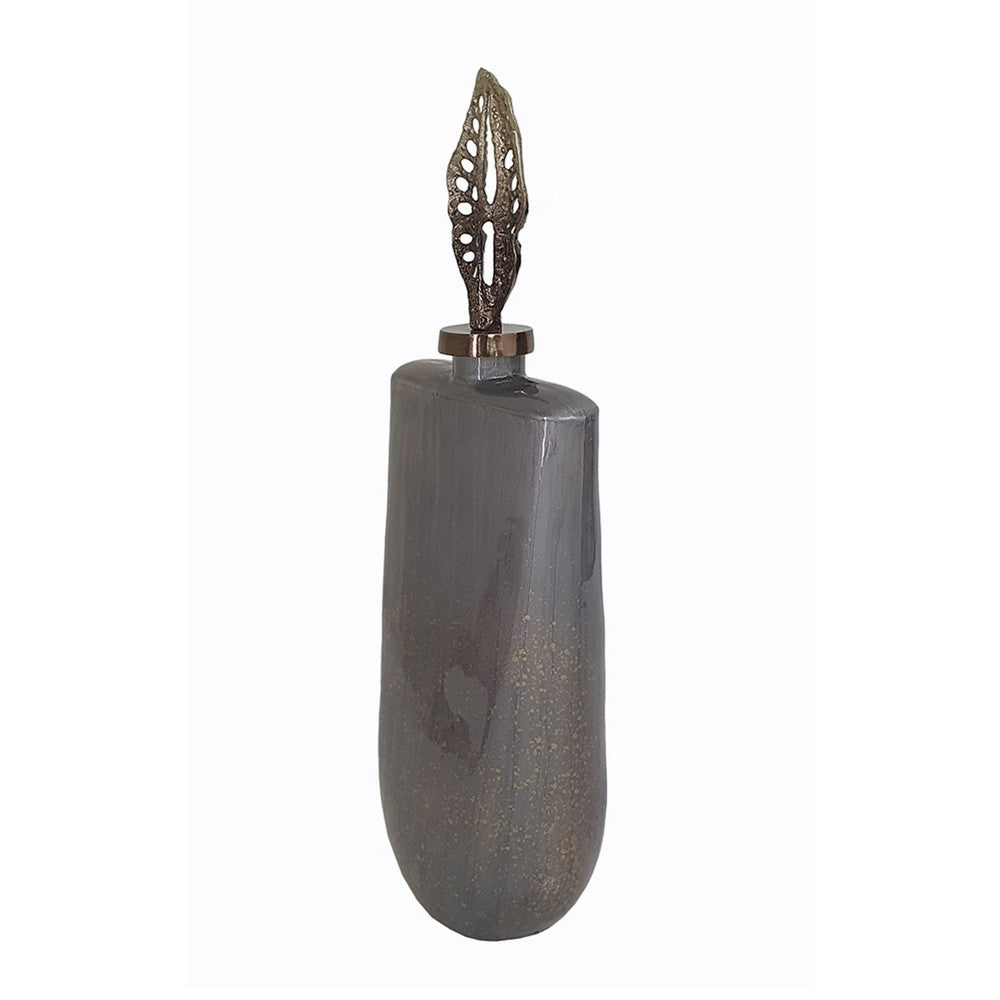 Decorative Bottle with Sculpted Gold Leaf Lid, 23 Inch Gray Glass - BM350255
