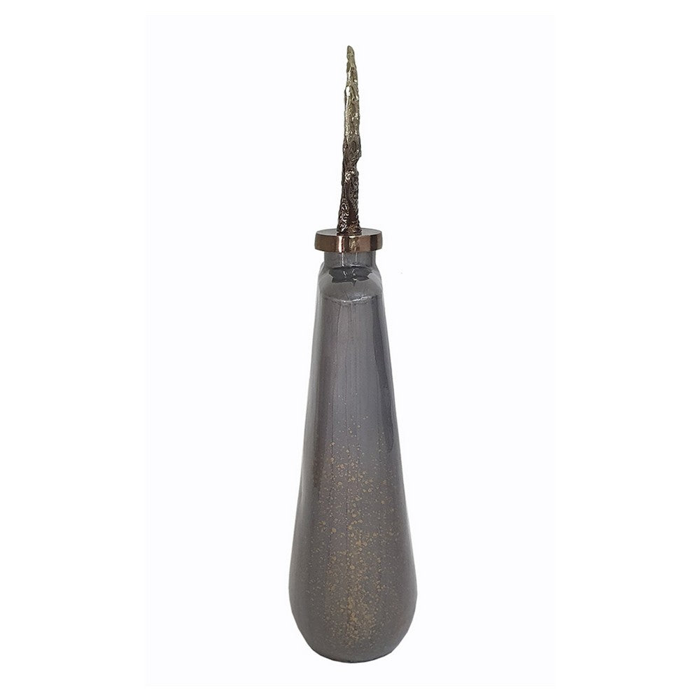 Decorative Bottle with Sculpted Gold Leaf Lid, 23 Inch Gray Glass - BM350255