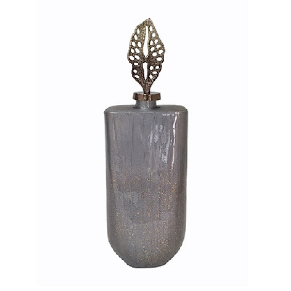 Decorative Bottle with Sculpted Gold Leaf Lid, 23 Inch Gray Glass - BM350255