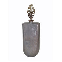 Decorative Bottle with Sculpted Gold Leaf Lid, 23 Inch Gray Glass - BM350255