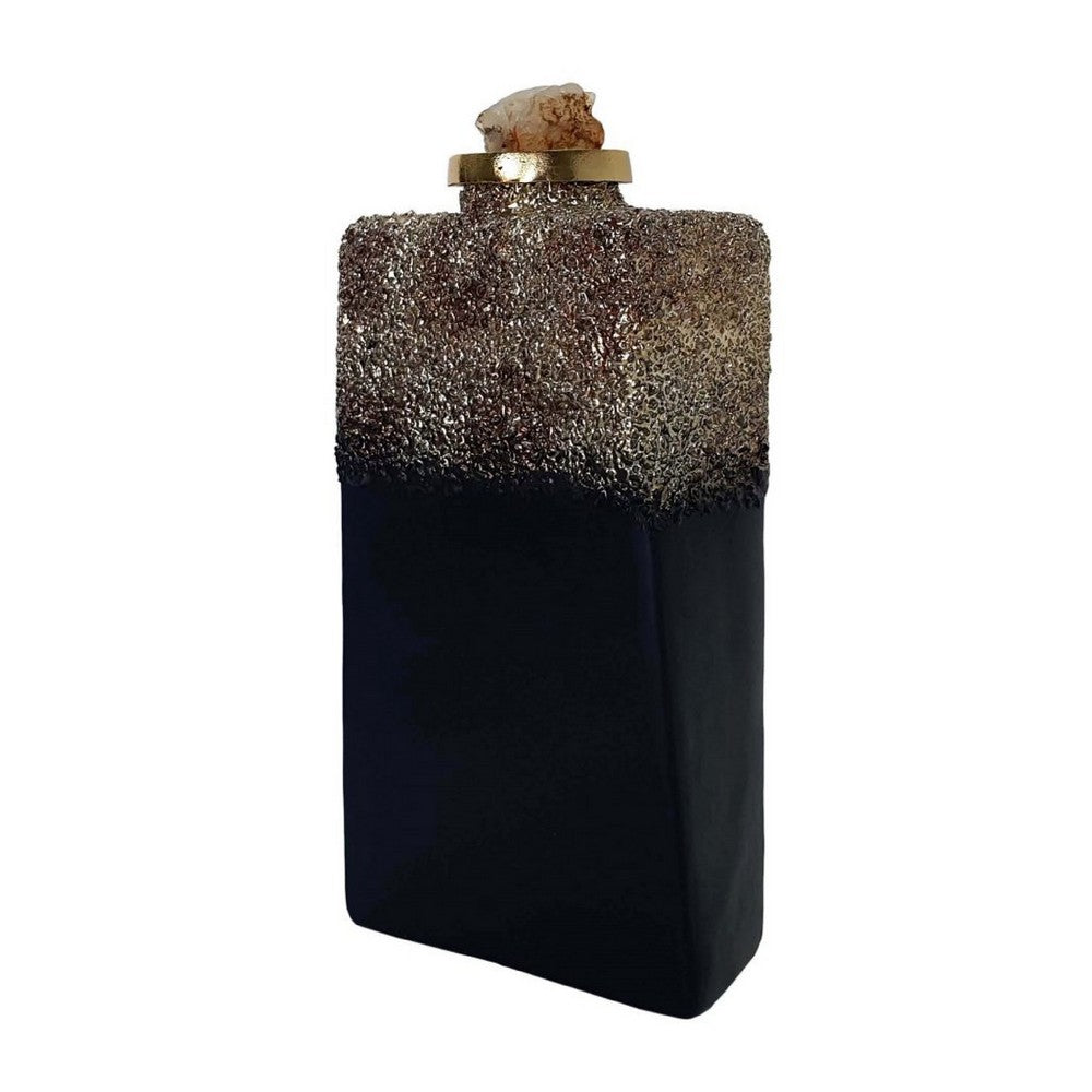 Decorative Bottle, Gold Glitter and Stone Lid, 15 Inch Black Glass - BM350257