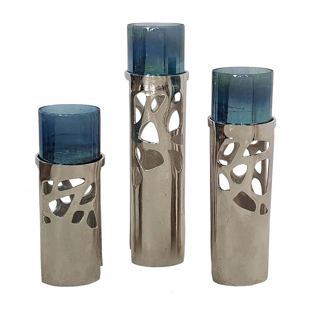 Votive Candle Holder Set of 3, Silver Aluminum Stand, Ocean Blue Glass - BM350258