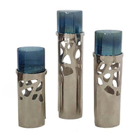 Votive Candle Holder Set of 3, Silver Aluminum Stand, Ocean Blue Glass - BM350258