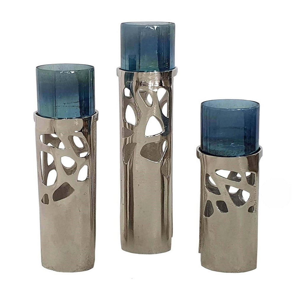 Votive Candle Holder Set of 3, Silver Aluminum Stand, Ocean Blue Glass - BM350258