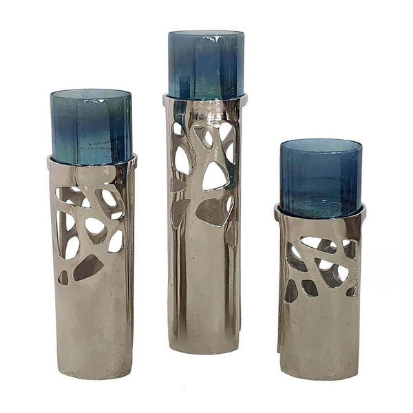 Votive Candle Holder Set of 3, Silver Aluminum Stand, Ocean Blue Glass - BM350258