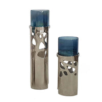 Votive Candle Holder Set of 3, Silver Aluminum Stand, Ocean Blue Glass - BM350258