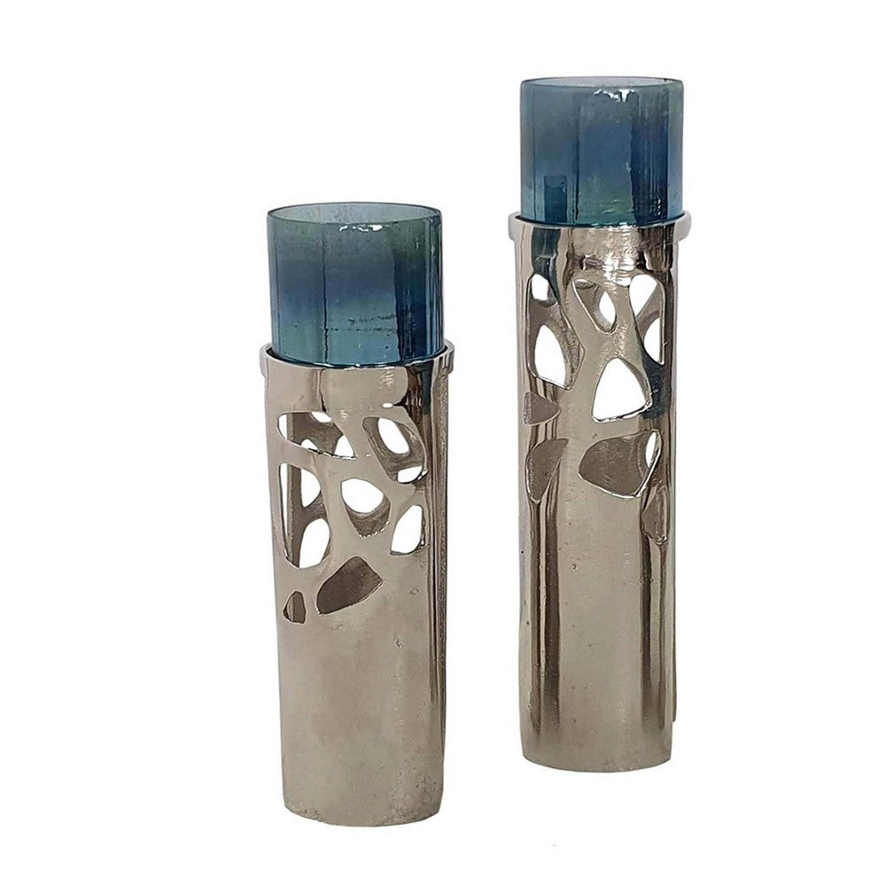 Votive Candle Holder Set of 3, Silver Aluminum Stand, Ocean Blue Glass - BM350258