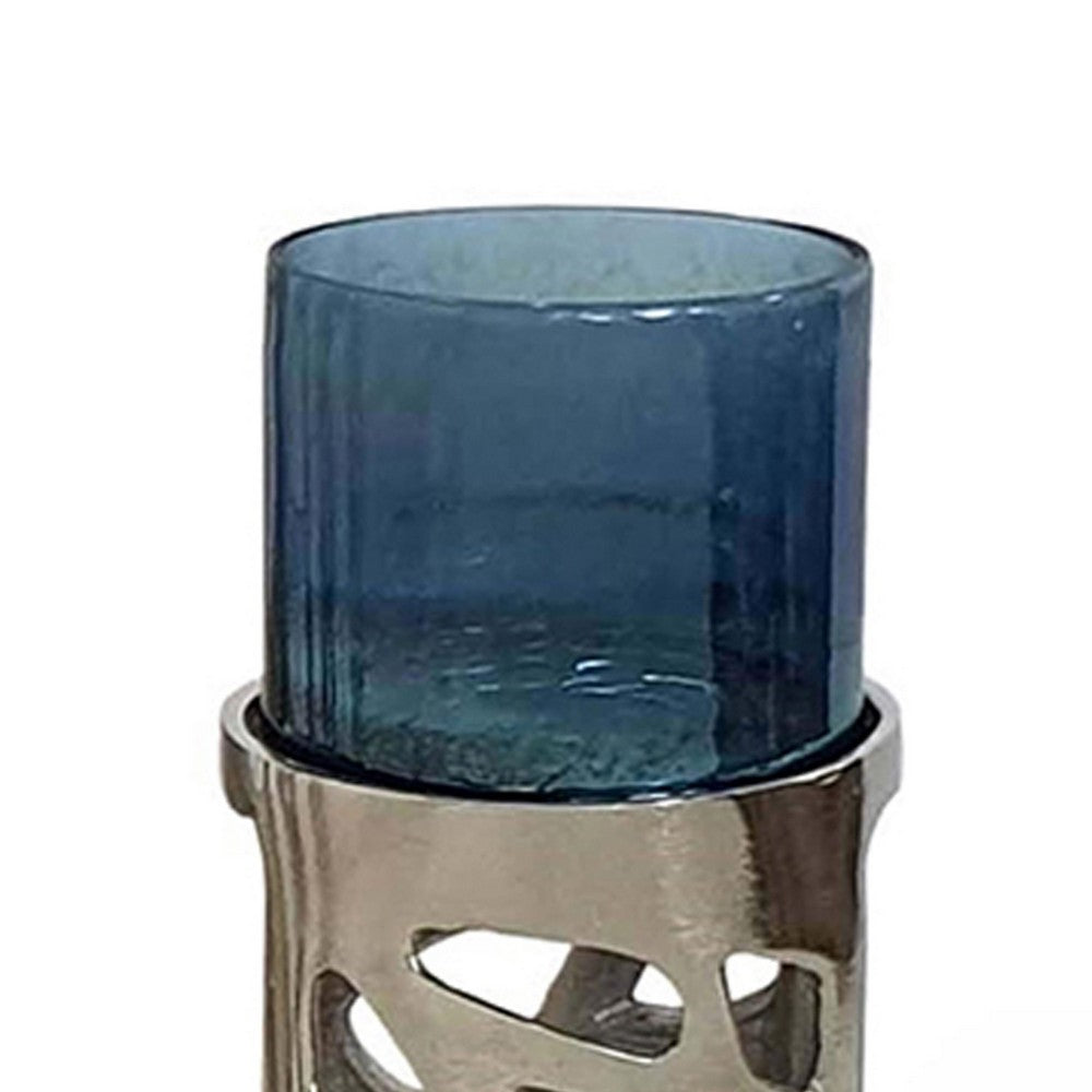 Votive Candle Holder Set of 3, Silver Aluminum Stand, Ocean Blue Glass - BM350258