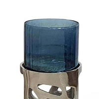 Votive Candle Holder Set of 3, Silver Aluminum Stand, Ocean Blue Glass - BM350258