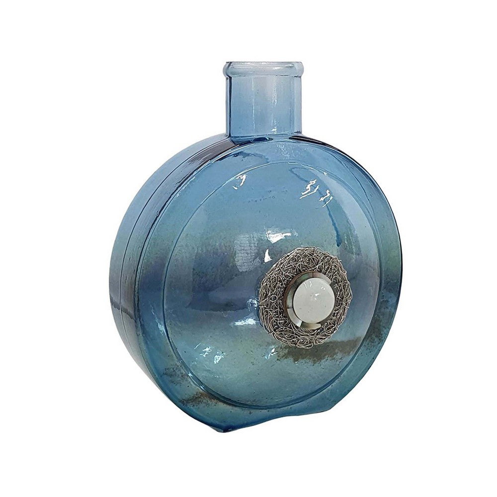 Decorative Floral Vase, Ocean Blue Glass with Stone Motif, 8 Inch - BM350259